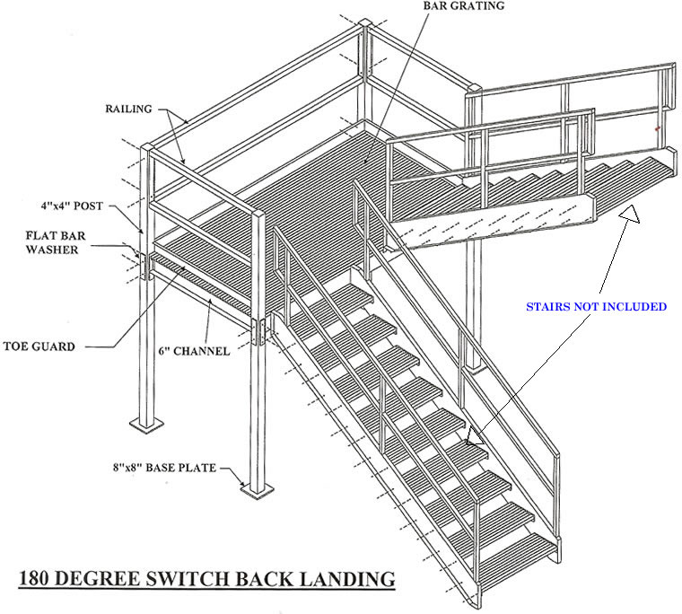 Aluminum Prefabricated Stair Landings 180 Degree Switchback Turn Design Drawing