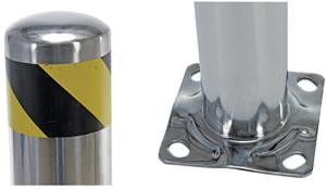 Stainless Steel Pipe Safety Bollards have steel caps that are welded on and the base plate includes four (4) pre-drilled mounting holes.