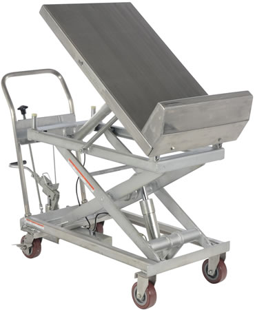 The Stainless Steel Lift and Tilt Cart with Sequence Select has a manual hydraulic foot pump that controls the platform lift, lower, and tilt and a manual selector valve that is used to control the lift/lower sequence independently from the tilt sequence.