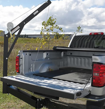 The Hitch Mounted Truck Jib Crane easily mounts in standard Class III or higher 2" receivers and can be installed on either side of the truck.